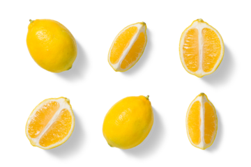 Set of fresh yellow lemon in various cuts, whole fruit, round slices, wedges, and cross sections isolated on a transparent background. For food design, packaging, beverages, natural ingredient visuals