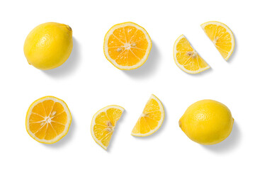 Set of fresh yellow lemon in various cuts, whole fruit, round slices, wedges, and cross sections isolated on a transparent background. For food design, packaging, beverages, natural ingredient visuals