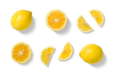 Set of fresh yellow lemon in various cuts, whole fruit, round slices, wedges, and cross sections isolated on a transparent background. For food design, packaging, beverages, natural ingredient visuals