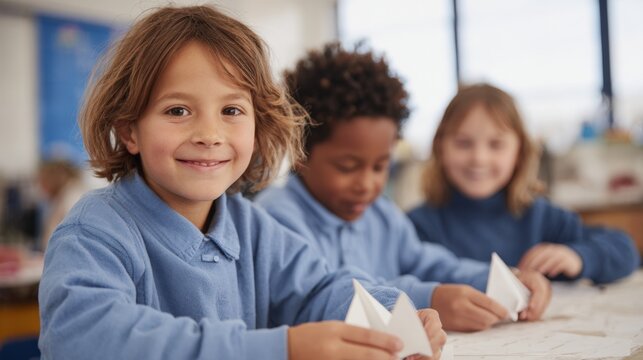 Three young children, two boys and a girl, sitting at a table in a classroom. they are all wearing blue school uniforms and are focused on their work. - Powered by Adobe