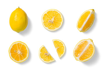 Set of fresh yellow lemon in various cuts, whole fruit, round slices, wedges, and cross sections isolated on a transparent background. For food design, packaging, beverages, natural ingredient visuals