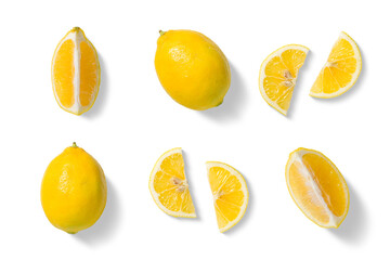 Set of fresh yellow lemon in various cuts, whole fruit, round slices, wedges, and cross sections isolated on a transparent background. For food design, packaging, beverages, natural ingredient visuals