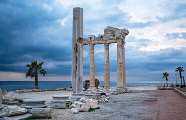 The scenic views of the  exquisite Temple of Apollo stands proudly in Side Old Town on the tip of the peninsula near the beach, Antalya, Turkey