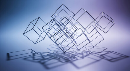 Abstract composition of transparent wireframe cubes floating in space