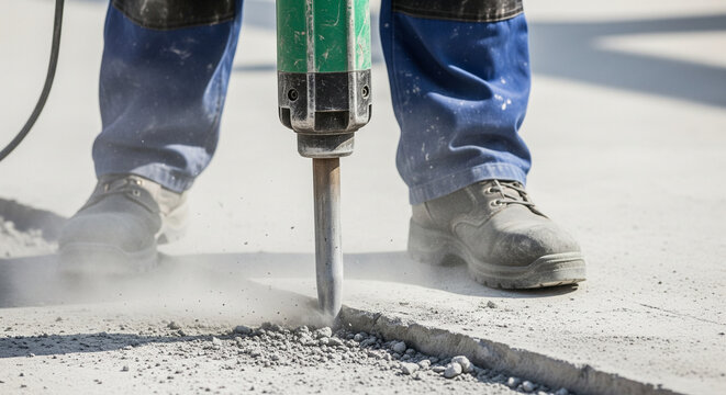 Construction Worker Using Jackhammer to Break Concrete Pavement. Road Demolition and Renovation Process.