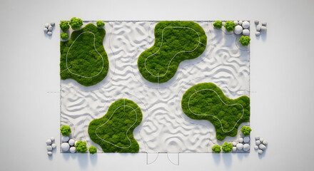 Abstract green shapes on white sand background, isolated on white background