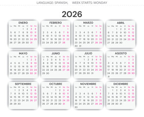 2026 spanish annual calendar. Vector modern illustration Spain - year calendario