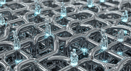 Abstract metallic grid structure with glowing blue elements