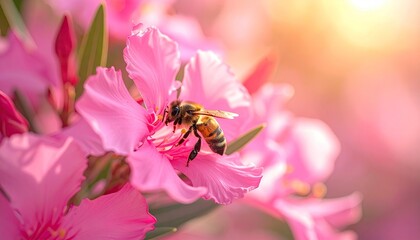Honeybee on Pink Flower in Sunlight