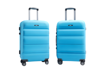 Set of blue luggage with wheels isolated on white background