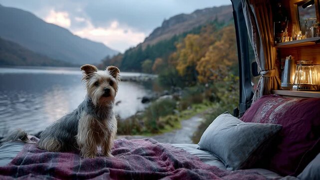 Yorkie dog gazing at mountain view from cozy van