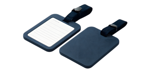 Two dark blue luggage tags with white information card isolated on white background