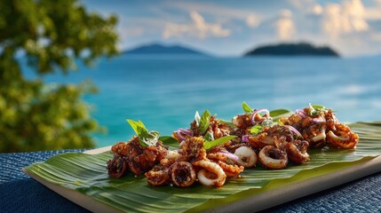 Grilled squid rings and baby octopus on banana leaf