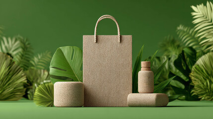 Eco-friendly natural product packaging displayed on a green background.