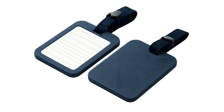 Two dark blue luggage tags with white information card isolated on white background
