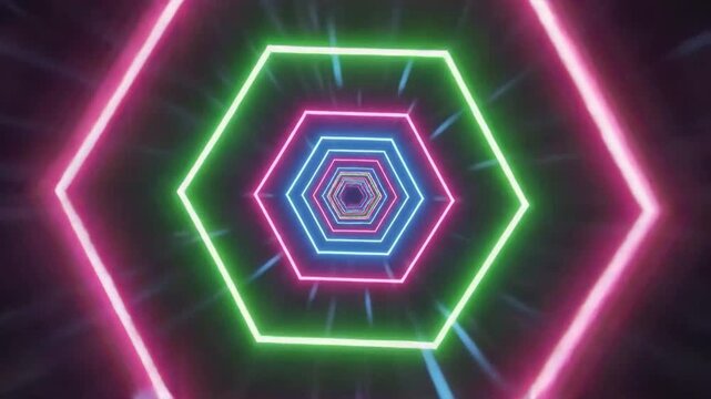 Abstract tunnel with neon hexagonal lights vibrant colors background and motion blur effect