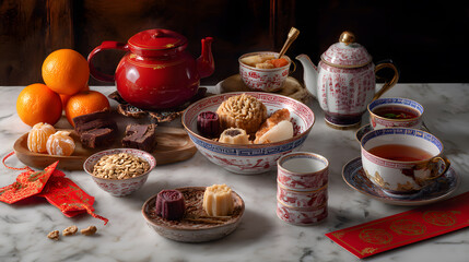 Naklejka premium Traditional Chinese New Year tea setting featuring ornate teapots, mooncakes, nian gao, mandarin oranges, and red envelopes on a marble table. Cultural celebration concept