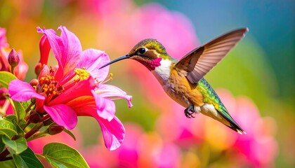 Fototapeta premium Hummingbird Feeding on Vibrant Pink Flower