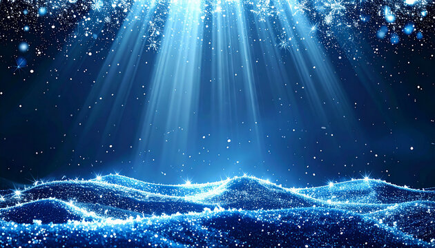 雪の結晶と青いグリッターの波が輝く冬の背景