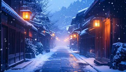 Fototapeta premium 雪が舞う青い夜の提灯通り