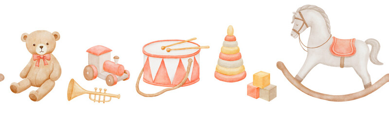 Seamless border with baby rocking horse, vintage bear and drum, hand drawn watercolor pastel illustrations