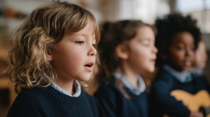Group of three young children, two girls and a boy, standing in a line and singing together. the girl on the left is a young girl with blonde curly hair, wearing a blue sweater.