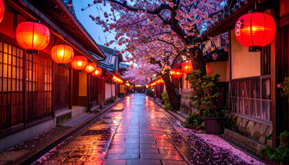 Fototapeta premium 赤提灯と桜が彩る雨上がりの夕暮れ参道