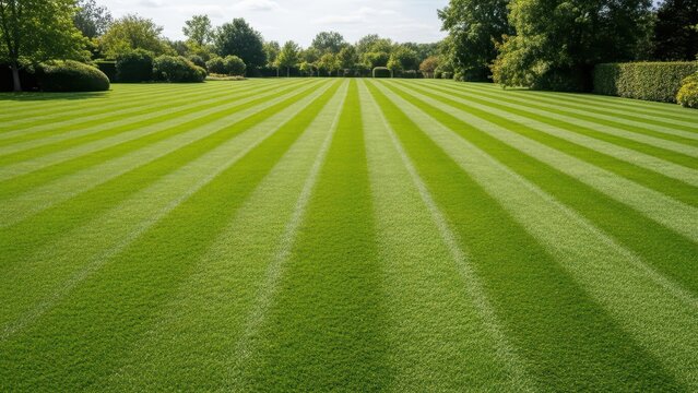 Immaculate green lawn with striped patterns in a sunlit garden landscape