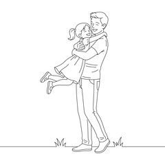 Father Hugging Daughter Joyfully &ndash; Line Art Illustration of Family Love and Happiness