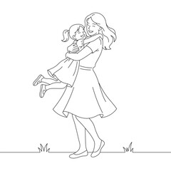 Mother Hugging Daughter Joyfully &ndash; Line Art Illustration of Family Love and Happiness