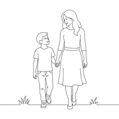 Mother Walking Hand in Hand with Her Son &ndash; Family Bond Line Art Illustration