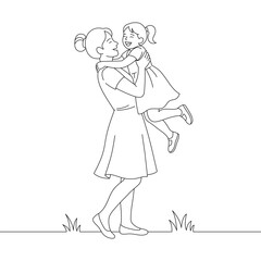 Mother Lifting and Hugging Her Happy Daughter &ndash; Family Love Line Art Illustration