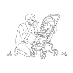 Father playing with her baby in a stroller, loving parenting moment in clean line art illustration