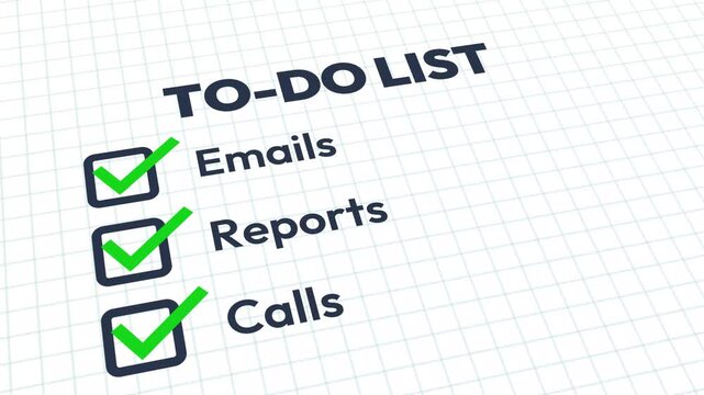 Emails, Reports and calls in to do list showing close up with green tick marking in box, 4k animation.