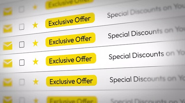 Exclusive Offer list scrolling through the screen in email style 4k animation close up. Business, marketing, strategy.