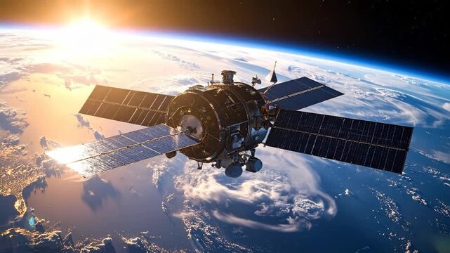 Satellite orbiting Earth in space with solar panels and sun shining.