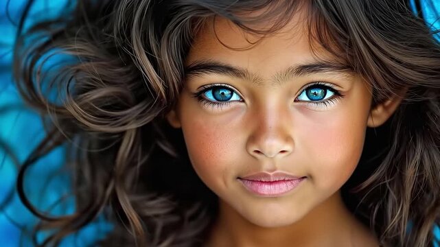 A young girl with blue eyes and long brown hair