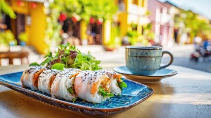 Fresh Vietnamese spring rolls with shrimp are served on a plate