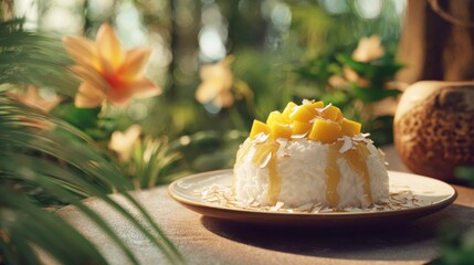 Sticky rice with mango is served outdoors in a tropical setting