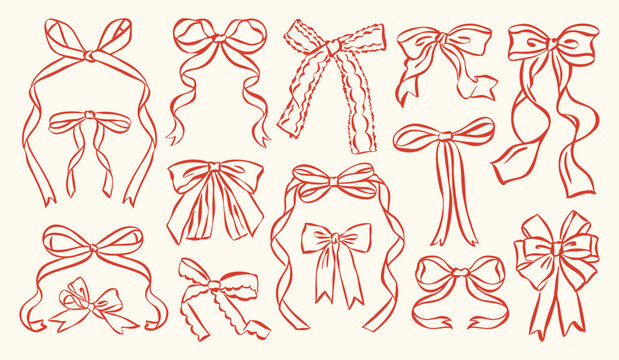 Whimsical bow and ribbon illustration collection in hand-drawn ink sketch style. Cute decorative bows and flowing ribbons for romantic, vintage, and aesthetic design projects.
