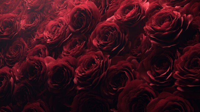 Natural fresh red roses flowers pattern wallpaper. top view, Red rose flower wall background.  blossom, red rose, rose, fresh, floral, closeup - Powered by Adobe