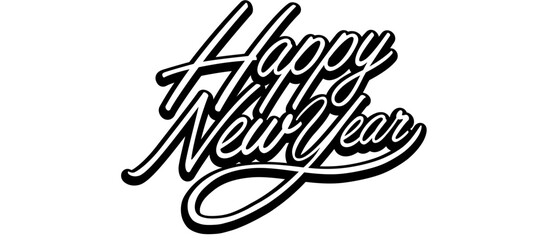 Fototapeta premium Celebratory Happy New Year illustration with cursive text on white background from a straight-on viewpoint