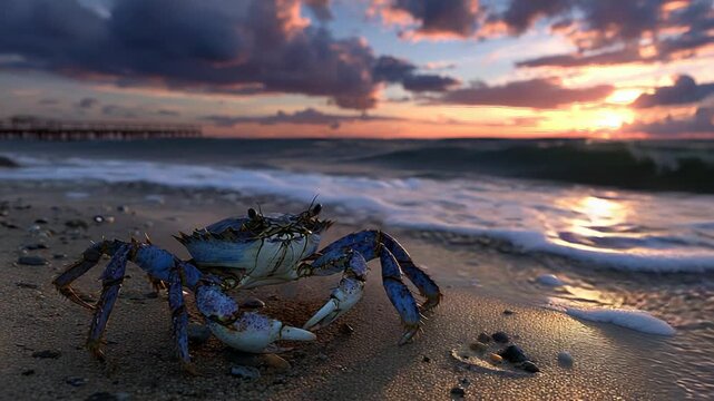 Blue crab walking on beach at sunset