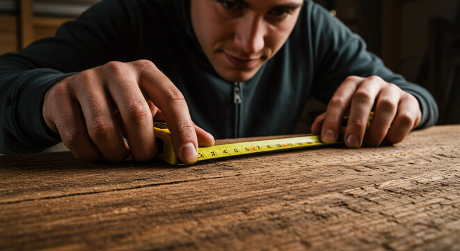 Carpenter measuring a piece of wood with a tape measure, ensuring precise dimensions for a project.Concept of precision measurement and woodworking craftsmanship.