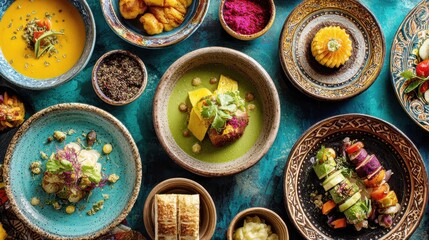 Colorful gourmet dishes are artfully arranged on a vibrant teal background