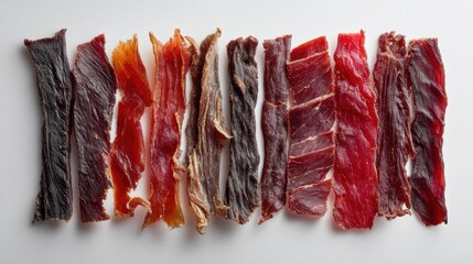 Various beef jerky strips are arranged neatly on a white background