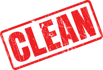 A distressed red rubber stamp featuring the prominent word CLEAN on a bright white backdrop