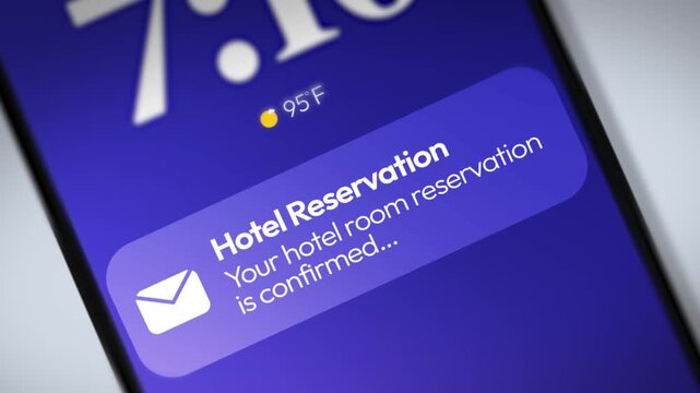 Hotel room reservation is confirmed notification appearing on the smartphone screen close up 4k footage.