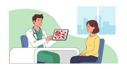 Doctor explaining blood test results to patient using digital tablet in clinic setting
