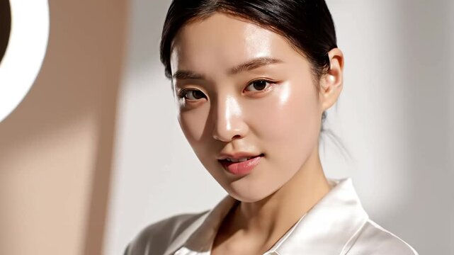 Professional closeup woman portrait perfect hydrated glowing face for youtube skincare advertisement